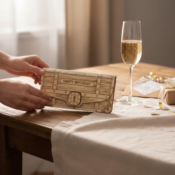 Holz Umschlag aus hellem Sperrholz mit gelasertem Schriftzug „Happy Birthday“